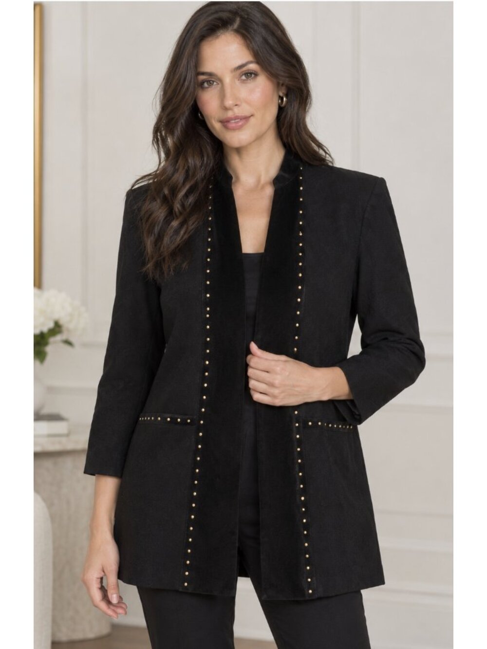 MING WANG Heritage Fit Stud Trim Open-Front Knit Jacket Black XL Minimalist